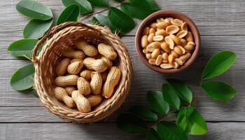 Harvesting fresh peanuts rustic kitchen table food photography natural setting close-up view healthy snack ideas photo