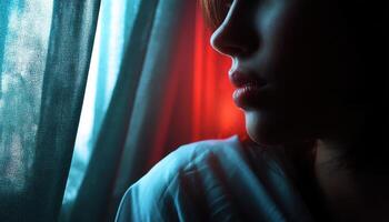 Reflective moment of a young woman contemplating life by a window indoor portrait emotional environment photo