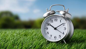 Alarm clock displayed on lush green grass in bright natural setting capturing time and relaxation photo