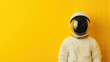Astronaut standing against vibrant yellow wall futuristic concept art captivating visuals bold environment photo