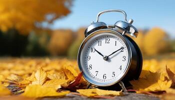 Autumn leaves surrounding vintage alarm clock in a sunny park nature photography outdoor serenity photo