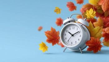 Autumn leaves falling around alarm clock studio setting still life vibrant colors close-up time concept photo