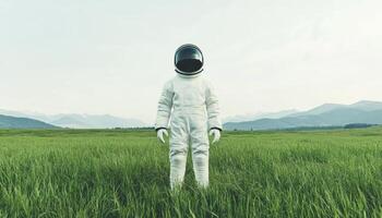 Astronaut standing in lush green field nature scene outdoor landscape serene environment photo