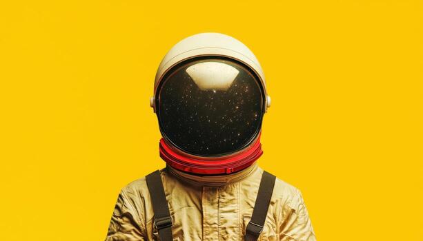 Astronaut in yellow space suit studio portrait photography bright background creative concept photo
