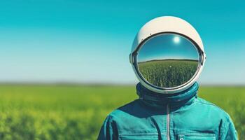 Astronaut in a green field nature photography clear sky futuristic concept photo