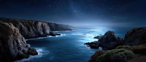 Nighttime coastal scene ocean view landscape photography starry sky serene environment photo