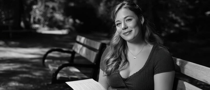 Relaxing woman reading in a park black and white photography calm nature scene serene environment close-up view photo