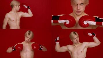 A fit athlete engages in boxing practice, demonstrating strength and technique against a vibrant red background. This workout highlights the dedication to a healthy lifestyle through intense training. video