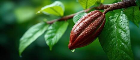 Harvesting cocoa pods in lush rainforest nature photography vibrant green environment close-up view photo
