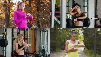 Four diverse individuals focus on their fitness routines, each checking their watches. They display athleticism in vibrant workout attire, showcasing a commitment to a healthy lifestyle. video