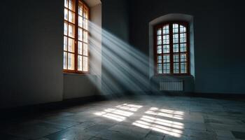 Sunlight streaming through windows in an abandoned room illuminating dust particles artistic photography minimalist setting photo