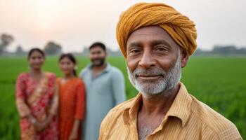 Farming celebration in rural india family portrait green fields warm atmosphere close-up view community spirit photo