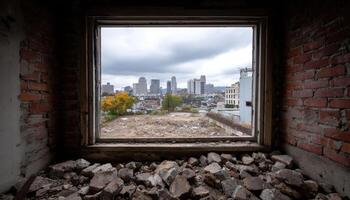 Urban transformation a view through a broken window cityscape photography industrial environment gritty perspective photo