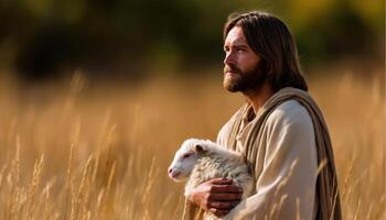 Jesus holding a lamb in a field spiritual scene nature environment peaceful viewpoint compassion concept photo