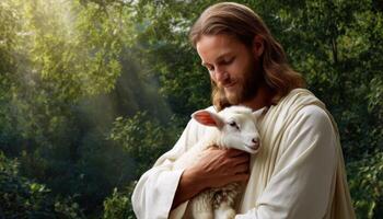 Compassionate embrace of jesus with a lamb in a lush forest inspirational imagery tranquil environment spiritual concept photo