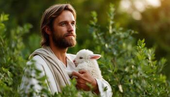 Compassionate care for animals shepherd with lamb in lush greenery nature scene serene environment close-up view photo