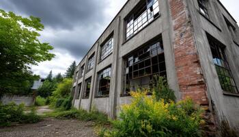Abandoned industrial building in overgrown urban landscape wide angle view captivating photography photo