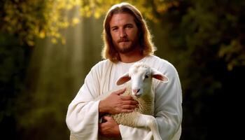 Jesus holding a lamb serene nature setting spiritual image peaceful environment soft lighting compassion concept photo