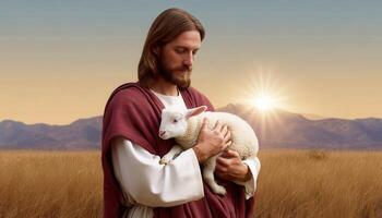 Jesus embracing a lamb in a serene meadow at sunrise spiritual imagery nature tranquil viewpoint photo
