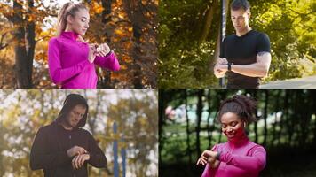 A group of athletes from varied backgrounds monitors their fitness trackers while engaging in outdoor workouts. The dynamic environments reflect a commitment to health and an active lifestyle. video