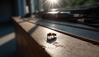Bee pollination on sunlit wooden surface nature close-up indoor environment macro view photo