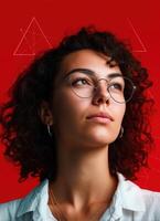 Empowering portrait of a young woman with curly hair studio setting photography bold red background thoughtful expression photo