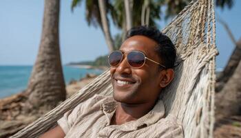 Relaxing man in sunglasses tropical beach lifestyle image summer environment close-up view serenity concept photo