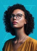 Thoughtful female portrait against vibrant blue background lifestyle photography creative expression studio environment photo