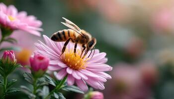 Bee pollinating pink flowers garden nature photography close-up vibrant environment macro concept photo