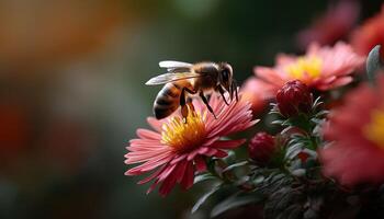 Pollinating bee action vibrant flower garden macro photography natural setting close-up view environmental importance photo