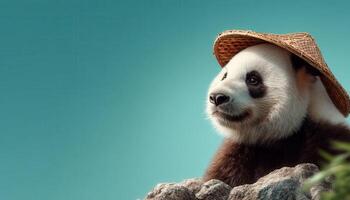 Playful panda wearing a straw hat zoological garden animal photography outdoor setting close-up view whimsical concept photo