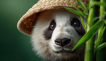 Playful panda peeking through bamboo enchanted forest animal photography natural habitat close-up whimsical concept photo
