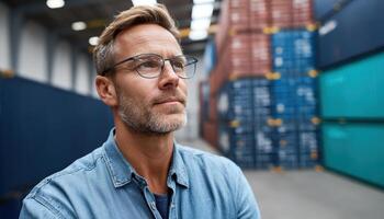 Business professional analyzing shipping containers warehouse portrait industrial environment close-up strategic planning photo