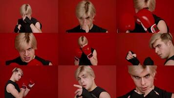 A fit athlete engages in a boxing workout, showcasing various intense expressions and movements while wearing red gloves. The backdrop features a solid color, enhancing the focus on training. video