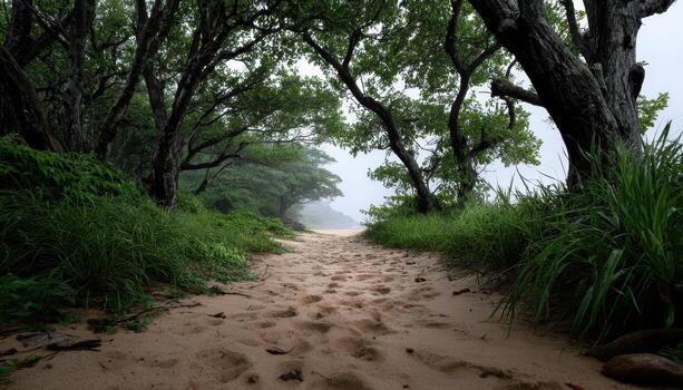 Exploring tranquil nature pathways sandy trail forested area serene environment eye-level view peaceful escape photo