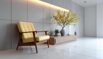 Elegant living room decor featuring a yellow chair and decorative plant modern interior minimalist style bright atmosphere photo