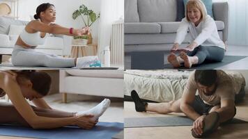 A collection of individuals from different backgrounds participating in workout routines and stretching exercises indoors, promoting fitness and healthy lifestyles in a cozy environment. video