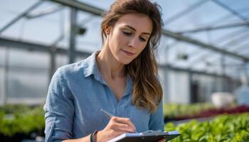 Gardening activity in greenhouse woman writing notes nature environment close-up view photo