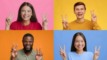 A diverse collection of happy individuals express joy and success through the V gesture. Each person is joyful, set against vibrant backgrounds. Their faces radiate positivity and celebration. video