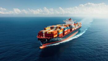 Container ship navigating calm waters ocean maritime scene daylight aerial view global trade impact photo