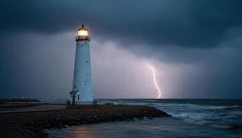 Lightning strikes near lighthouse during stormy night coastal landscape photography dramatic atmosphere photo