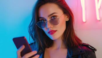 Young woman using smartphone in stylish setting urban environment fashion and lifestyle concept photo