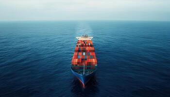 Container ship navigating open waters maritime transport aerial view calm ocean freight shipping photo