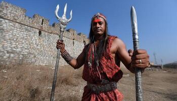Epic warrior standoff at ancient fortress historic battle scene outdoor adventure dramatic perspective photo