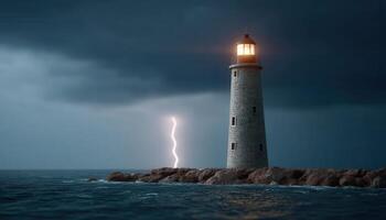Lightning strikes a coastal lighthouse during a stormy night seascape photography dynamic environment photo