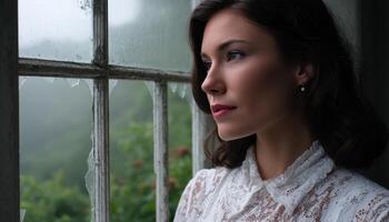 Contemplative woman gazing out window serene location portrait photography calm environment side view reflection photo