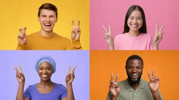 Four happy individuals, representing various backgrounds, display V gestures against colorful backgrounds. Their faces radiate joy, capturing the essence of celebration and positivity. video