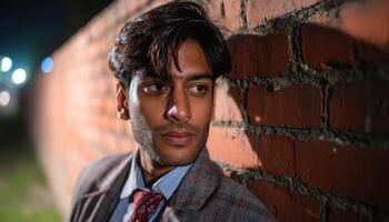 Man in suit posing against brick wall urban nightscape portrait photography dramatic lighting photo