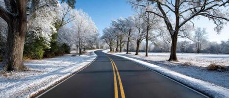 Scenic winter drive along a snow-covered road serene landscape clear sky peaceful environment photo