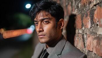 Stylish man posing against brick wall urban setting portrait photography nighttime vibes close-up view photo